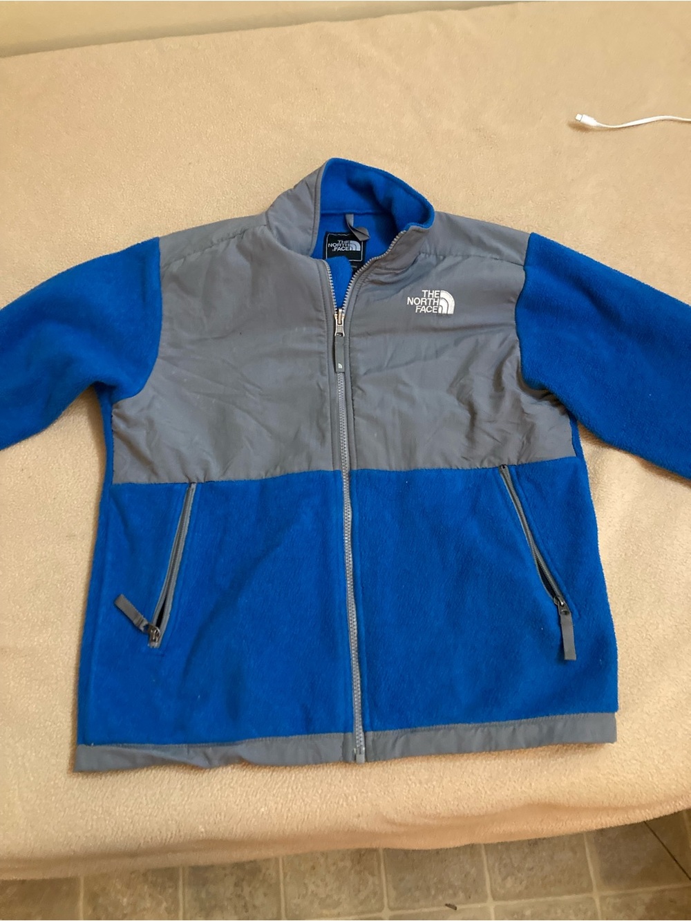 Large Boys North face Denali Blue And Grey Jacket Tiny Tear As Seen In Picture